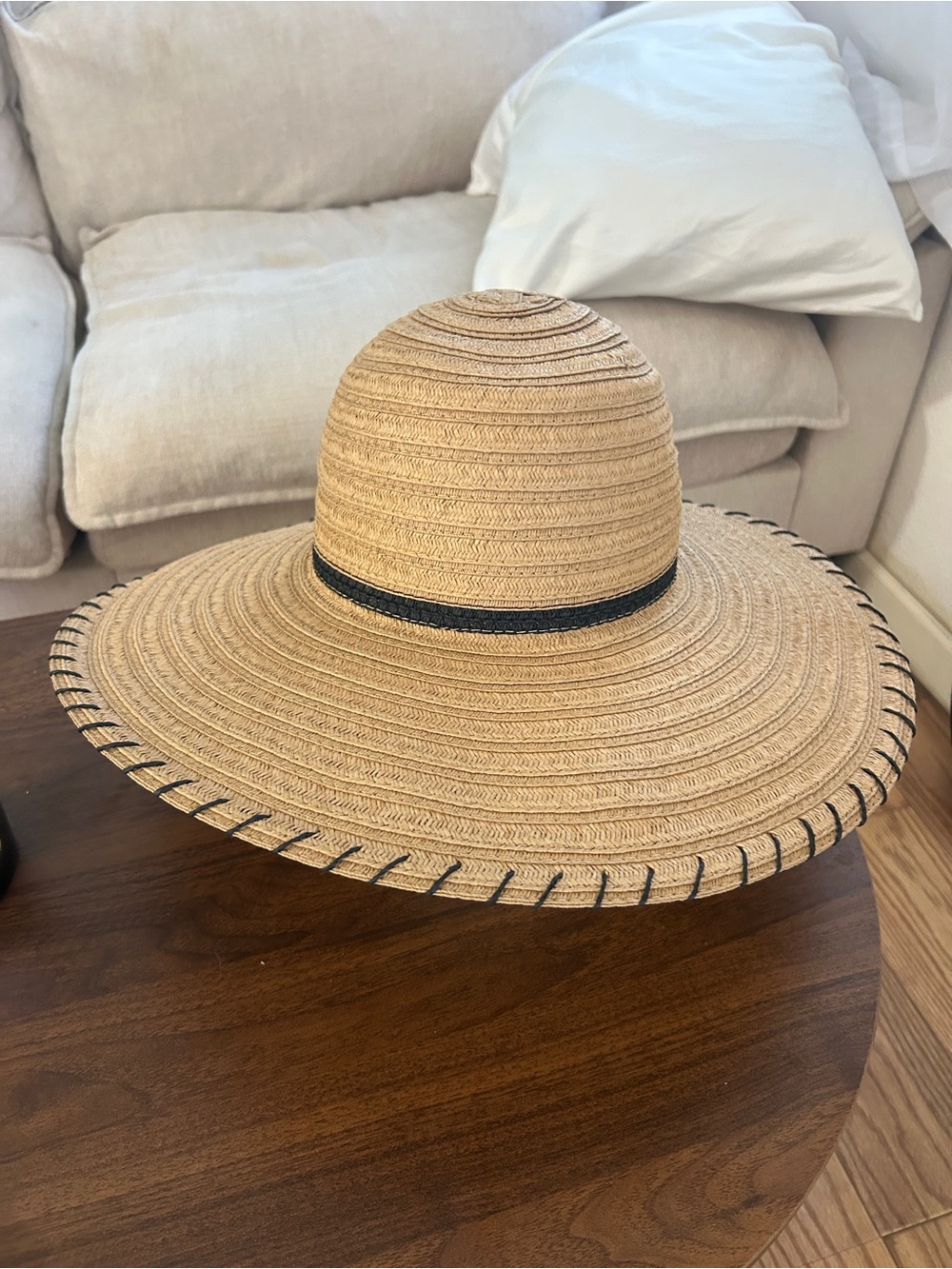 INC International Concepts Natural Straw Sun Hat with Black Trim